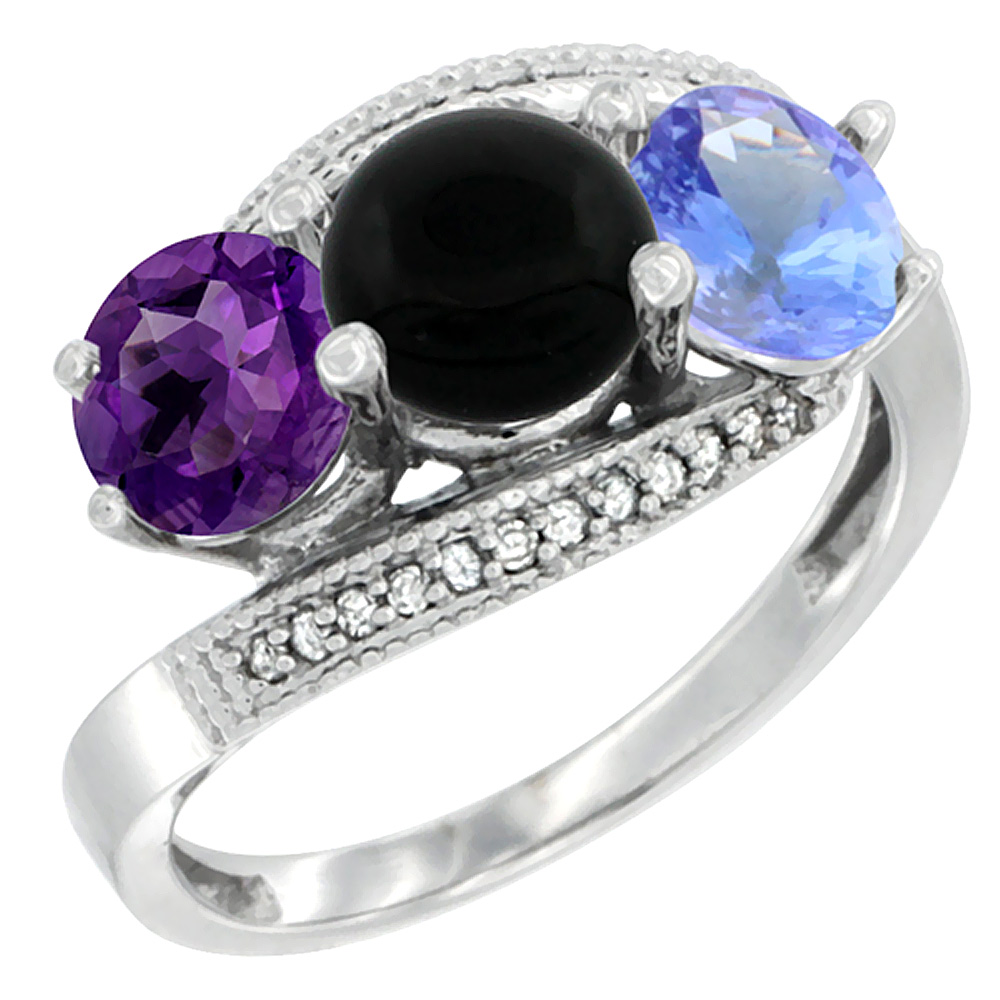 14K White Gold Natural Amethyst, Black Onyx &amp; Tanzanite 3 stone Ring Round 6mm Diamond Accent, sizes 5 - 10