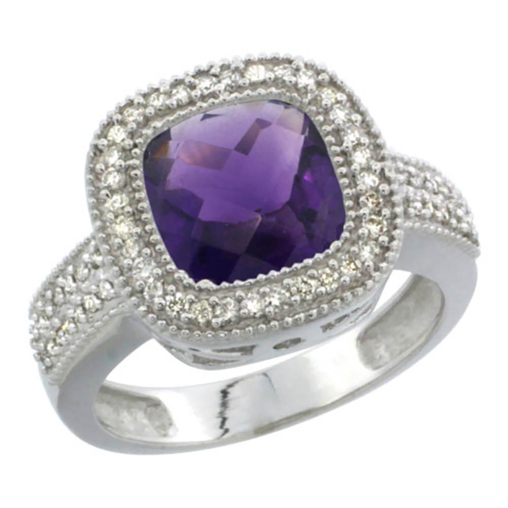 14K White Gold Natural Amethyst Ring Cushion-cut 9x9mm Diamond Accent, sizes 5-10