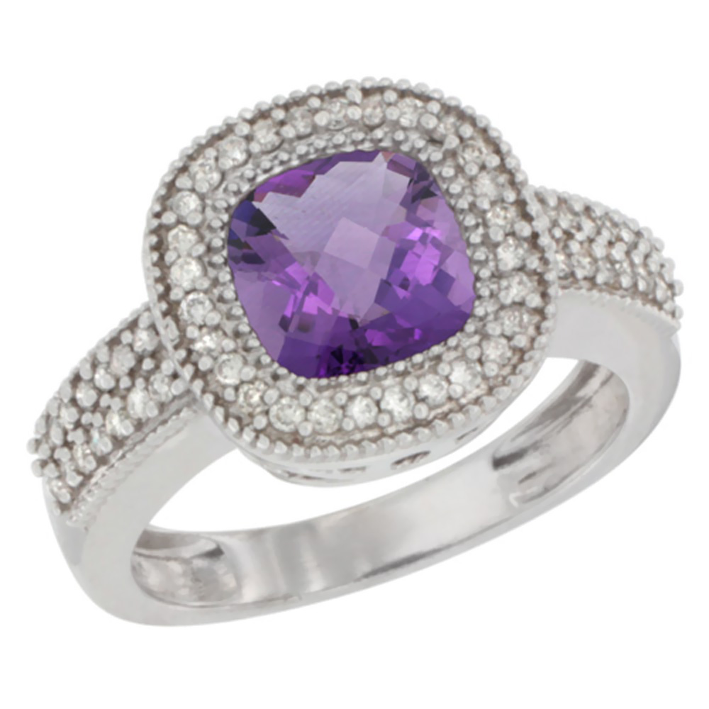 14K White Gold Natural Amethyst Ring Cushion-cut 7x7mm Diamond Accent, sizes 5-10