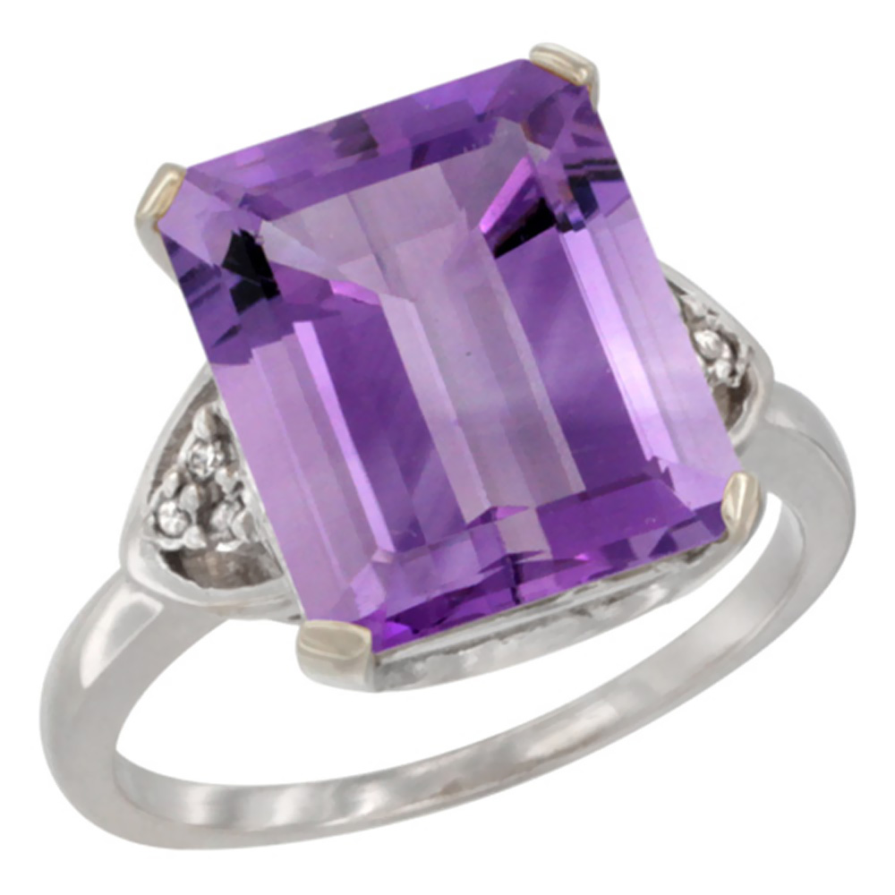 14K White Gold Diamond Natural Amethyst Ring Octagon 12x10 mm, sizes 5-10