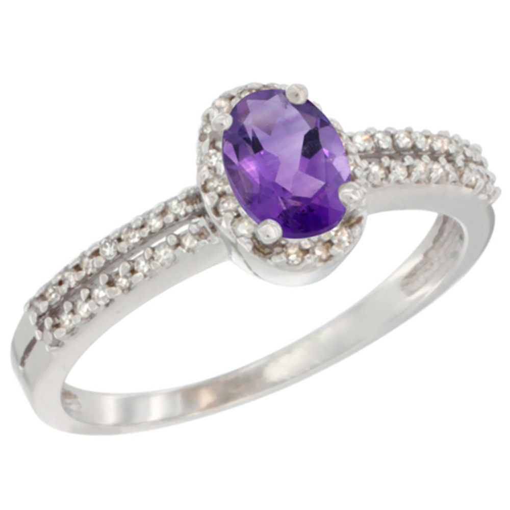 14K White Gold Natural Amethyst Ring Oval 6x4mm Diamond Accent, sizes 5-10