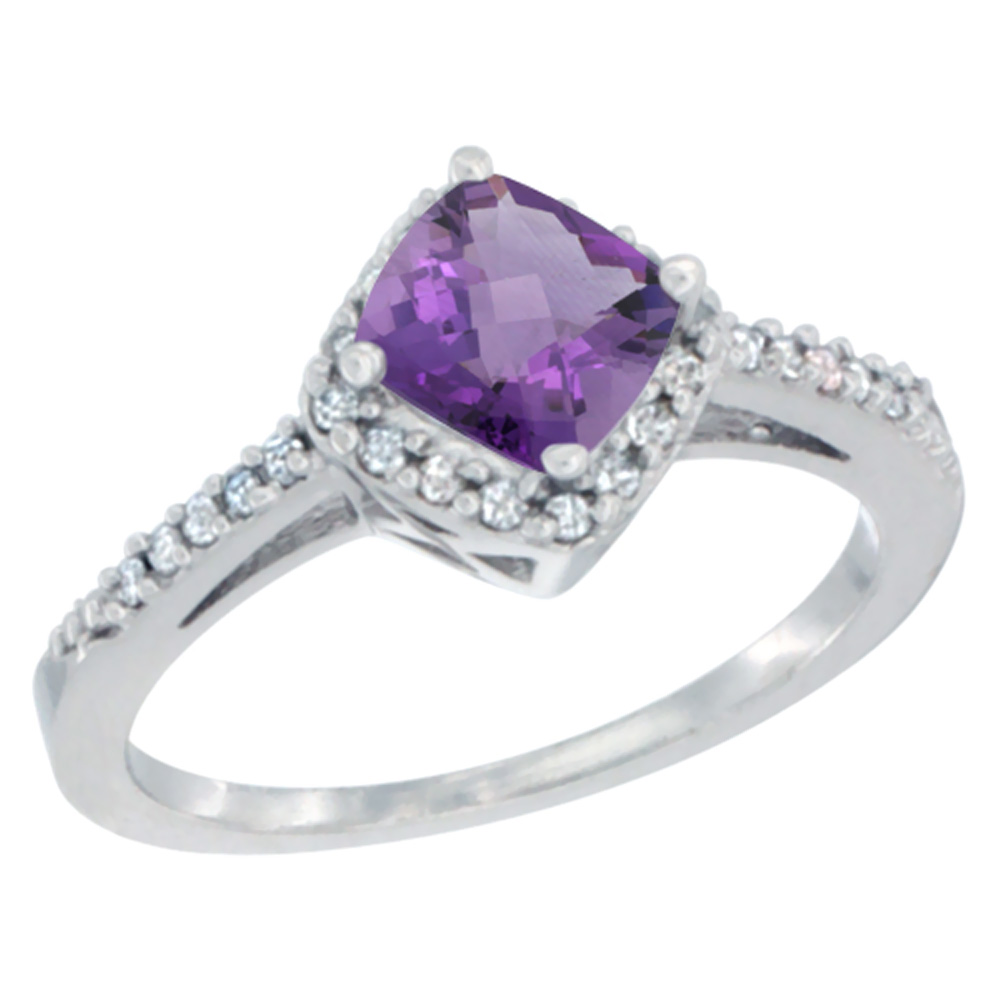 10K White Gold Diamond Halo Genuine Amethyst Ring Cushion-cut 6mm Accent sizes 5 - 10