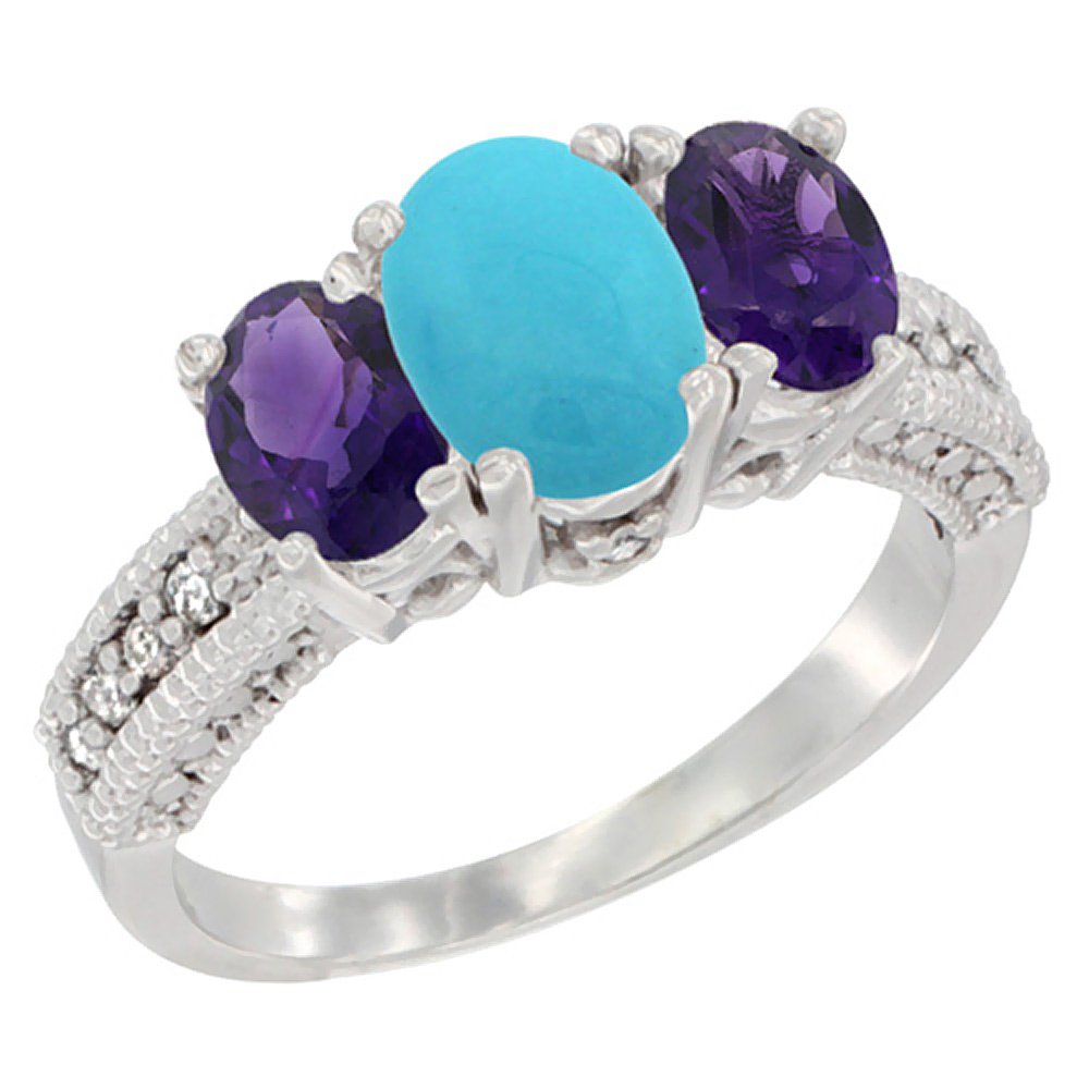 10K White Gold Diamond Natural Turquoise Ring Oval 3-stone with Amethyst, sizes 5 - 10