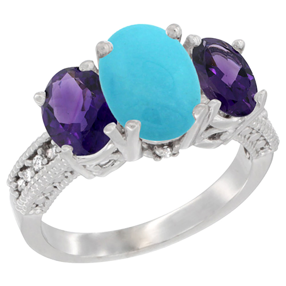 10K White Gold Diamond Natural Turquoise Ring 3-Stone Oval 8x6mm with Amethyst, sizes5-10