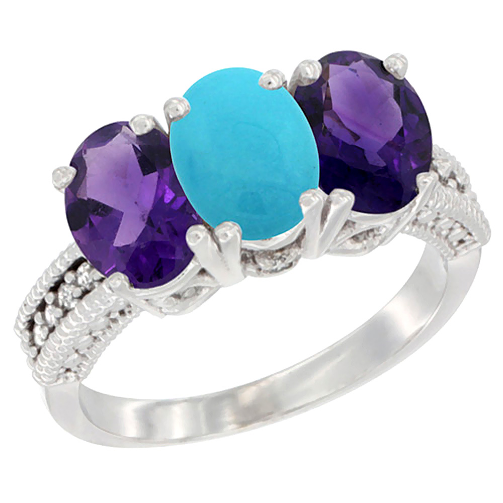 10K White Gold Natural Turquoise & Amethyst Sides Ring 3-Stone Oval 7x5 mm Diamond Accent, sizes 5 - 10