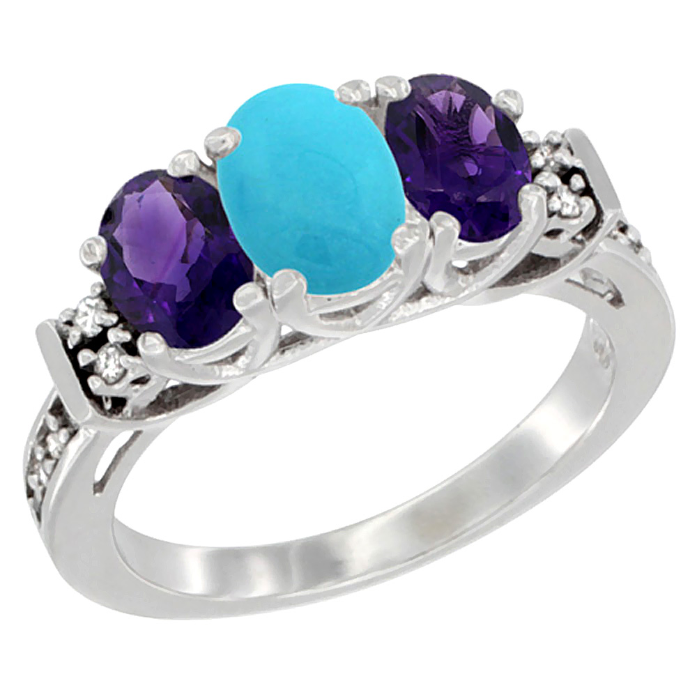 10K White Gold Natural Turquoise & Amethyst Ring 3-Stone Oval Diamond Accent, sizes 5-10