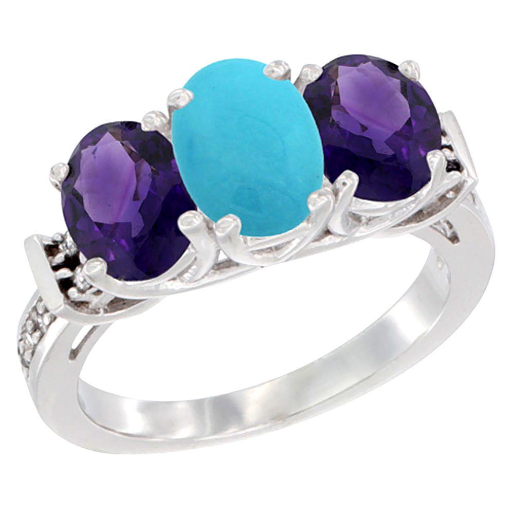 14K White Gold Natural Turquoise & Amethyst Sides Ring 3-Stone Oval Diamond Accent, sizes 5 - 10