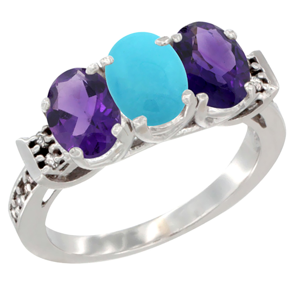 14K White Gold Natural Turquoise & Amethyst Sides Ring 3-Stone 7x5 mm Oval Diamond Accent, sizes 5 - 10
