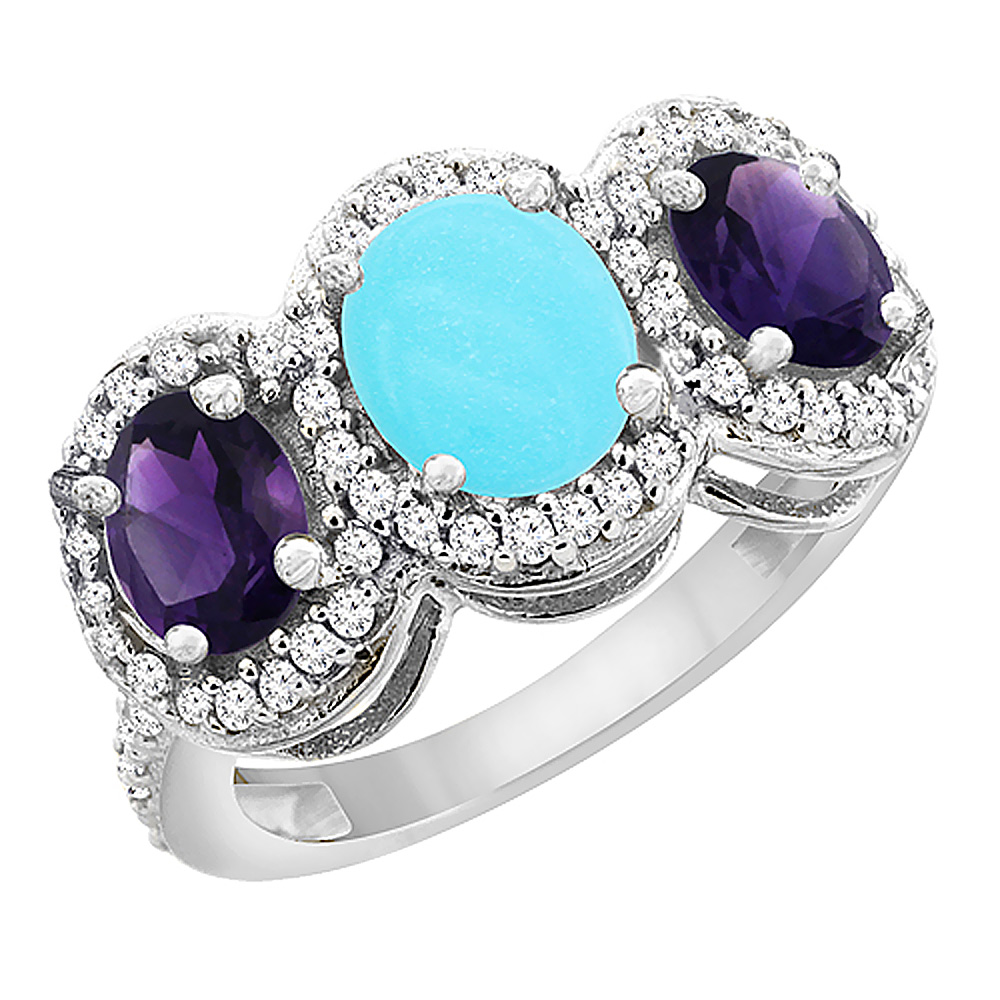 14K White Gold Natural Turquoise & Amethyst 3-Stone Ring Oval Diamond Accent, sizes 5 - 10