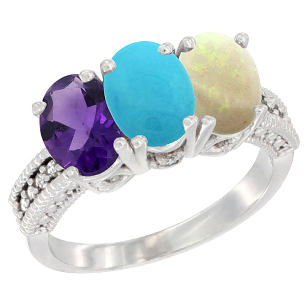 10K White Gold Natural Amethyst, Turquoise &amp; Opal Ring 3-Stone Oval 7x5 mm Diamond Accent, sizes 5 - 10