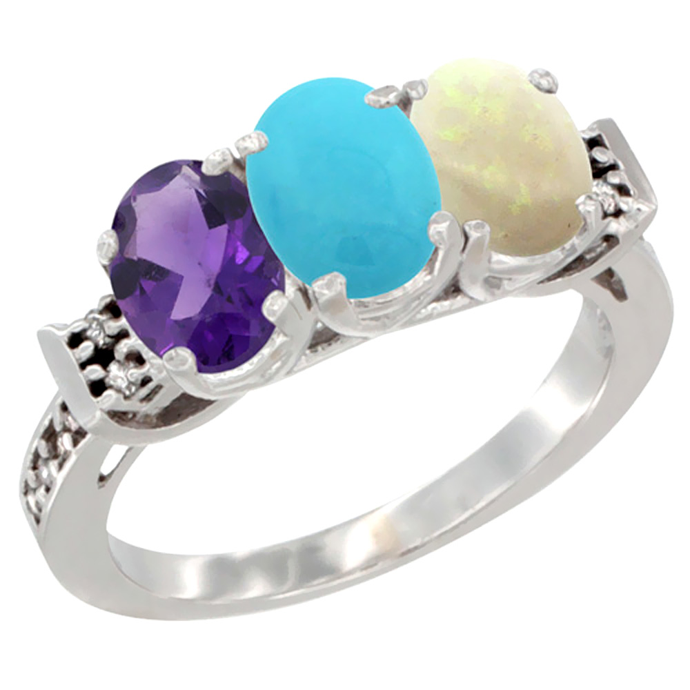 14K White Gold Natural Amethyst, Turquoise & Opal Ring 3-Stone 7x5 mm Oval Diamond Accent, sizes 5 - 10