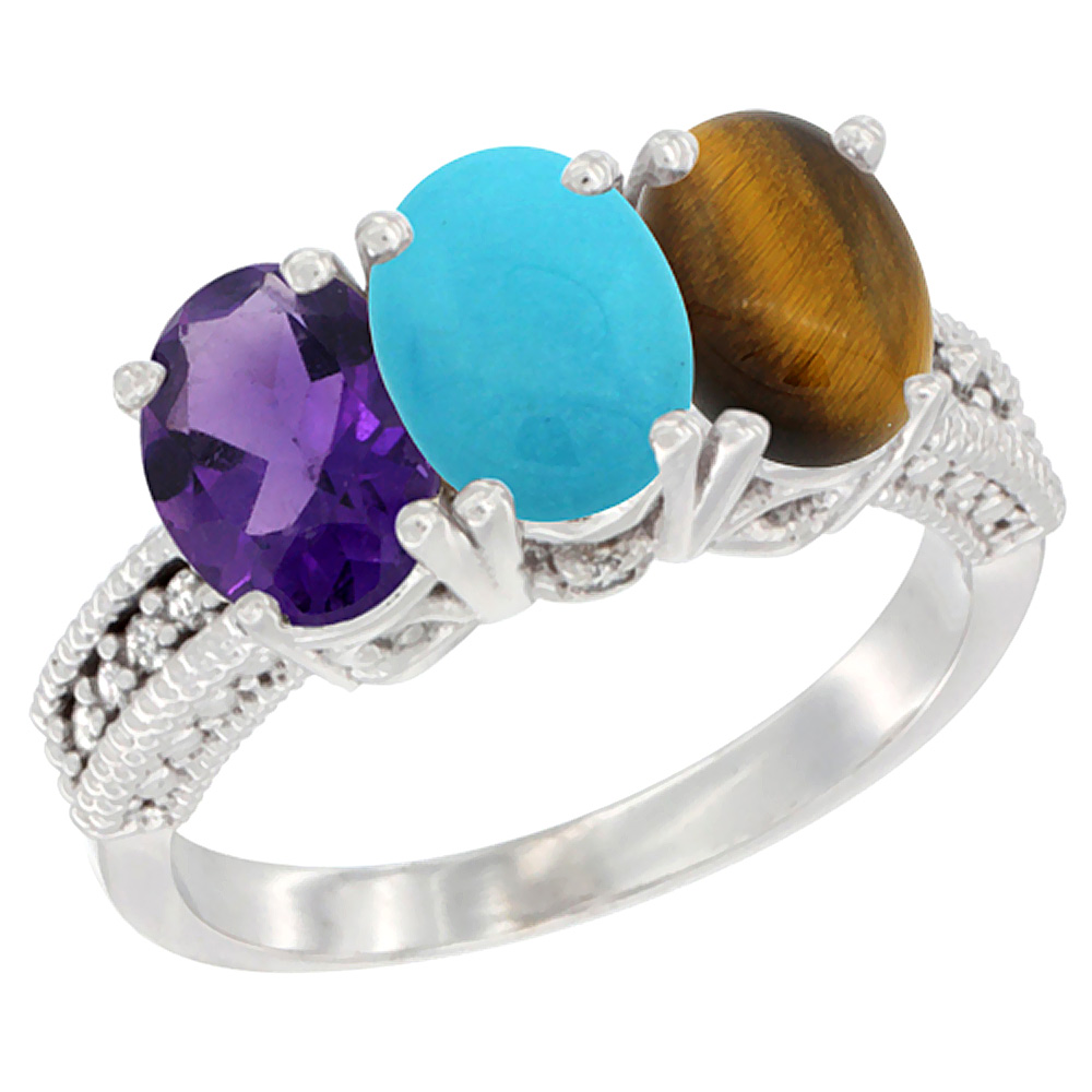 10K White Gold Natural Amethyst, Turquoise & Tiger Eye Ring 3-Stone Oval 7x5 mm Diamond Accent, sizes 5 - 10