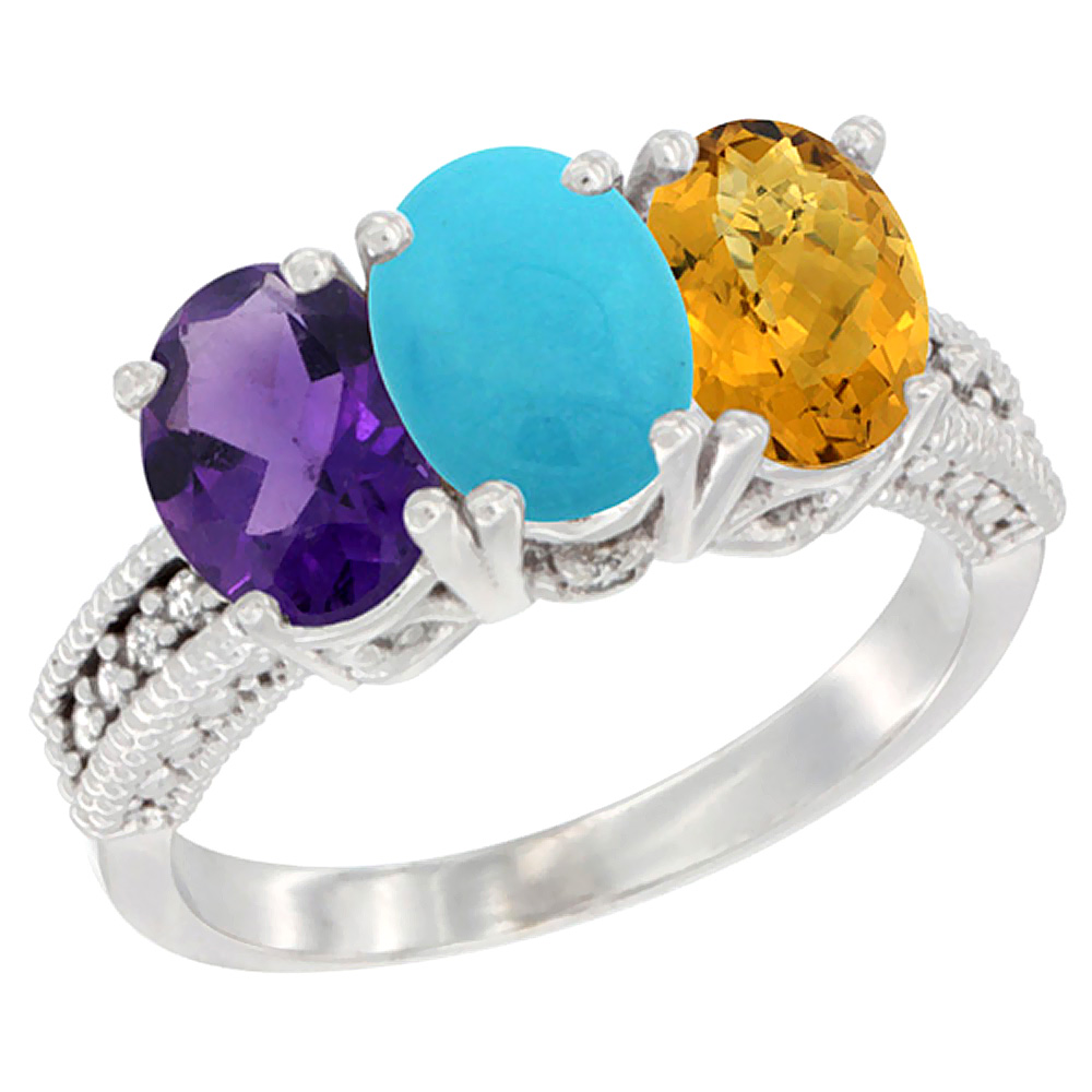 14K White Gold Natural Amethyst, Turquoise & Whisky Quartz Ring 3-Stone 7x5 mm Oval Diamond Accent, sizes 5 - 10