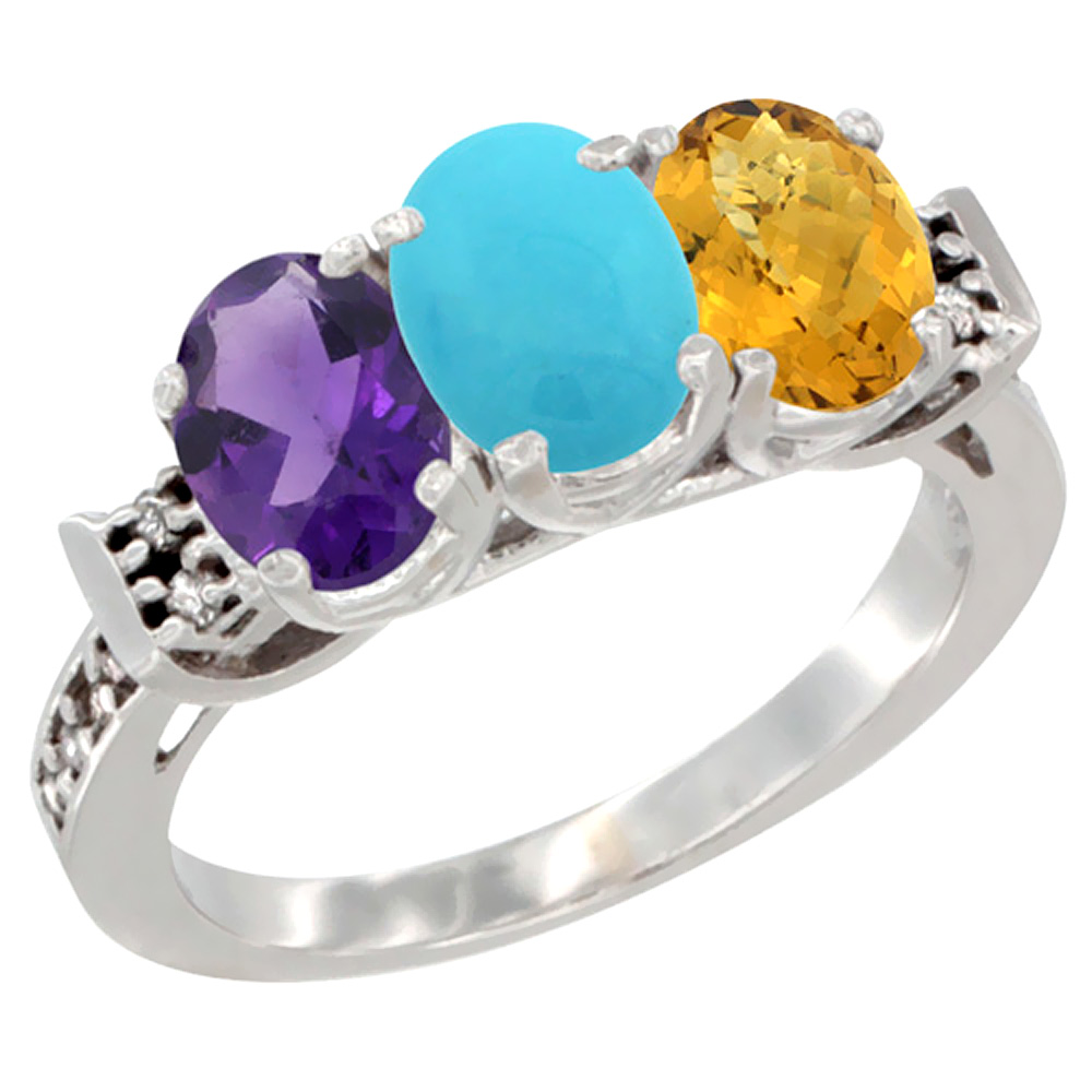 14K White Gold Natural Amethyst, Turquoise & Whisky Quartz Ring 3-Stone 7x5 mm Oval Diamond Accent, sizes 5 - 10