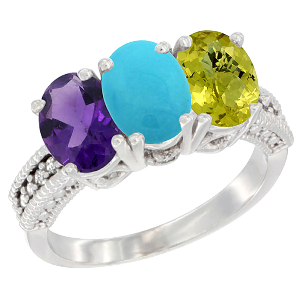 14K White Gold Natural Amethyst, Turquoise &amp; Lemon Quartz Ring 3-Stone 7x5 mm Oval Diamond Accent, sizes 5 - 10