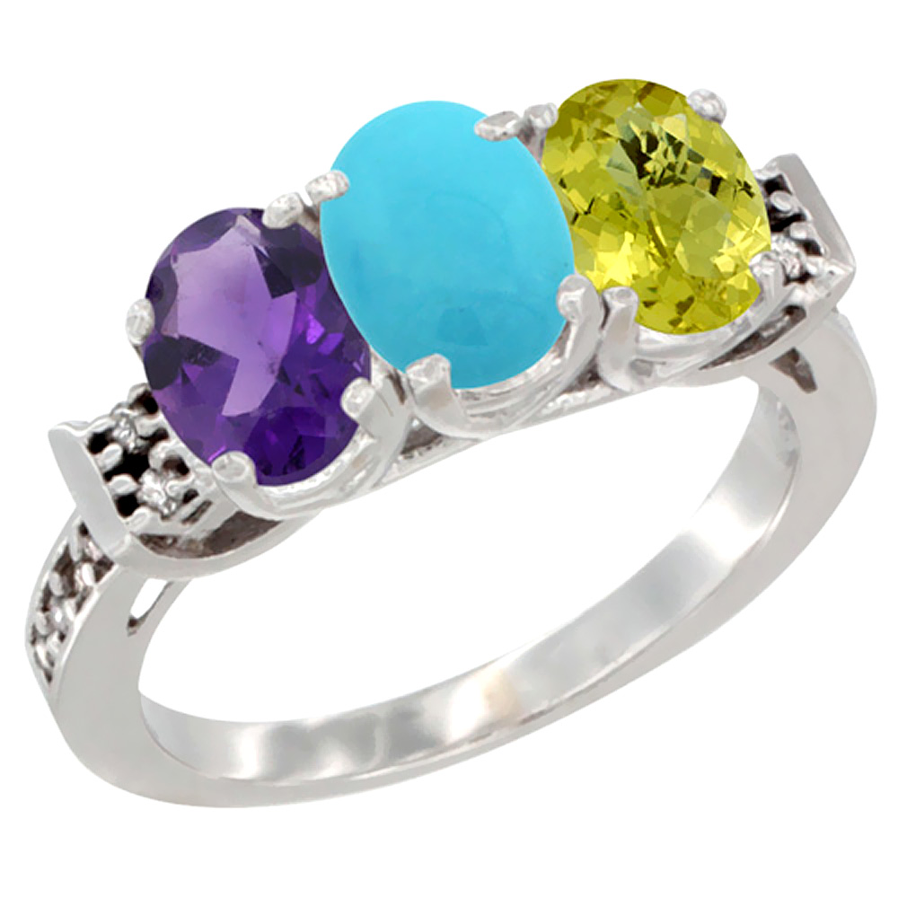 14K White Gold Natural Amethyst, Turquoise & Lemon Quartz Ring 3-Stone 7x5 mm Oval Diamond Accent, sizes 5 - 10