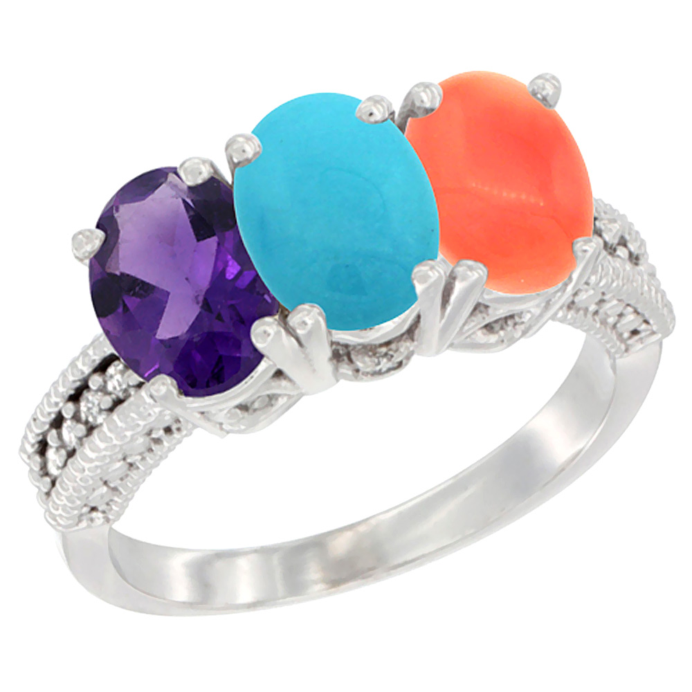 10K White Gold Natural Amethyst, Turquoise & Coral Ring 3-Stone Oval 7x5 mm Diamond Accent, sizes 5 - 10