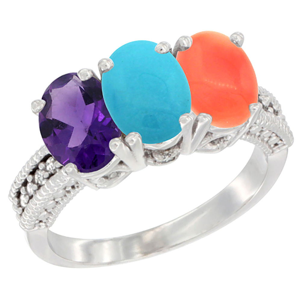 14K White Gold Natural Amethyst, Turquoise &amp; Coral Ring 3-Stone 7x5 mm Oval Diamond Accent, sizes 5 - 10