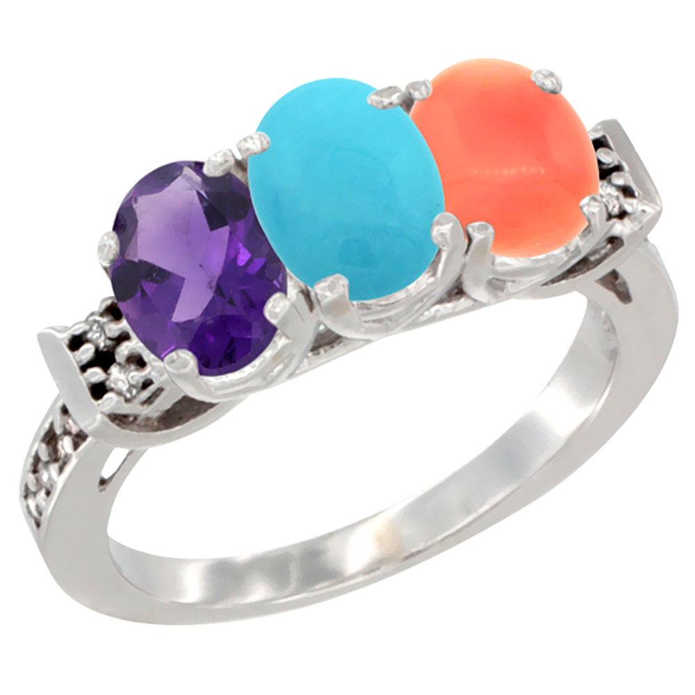 10K White Gold Natural Amethyst, Turquoise & Coral Ring 3-Stone Oval 7x5 mm Diamond Accent, sizes 5 - 10
