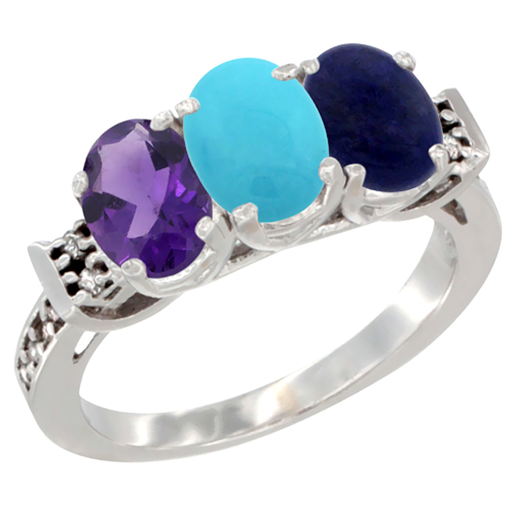 10K White Gold Natural Amethyst, Turquoise & Lapis Ring 3-Stone Oval 7x5 mm Diamond Accent, sizes 5 - 10