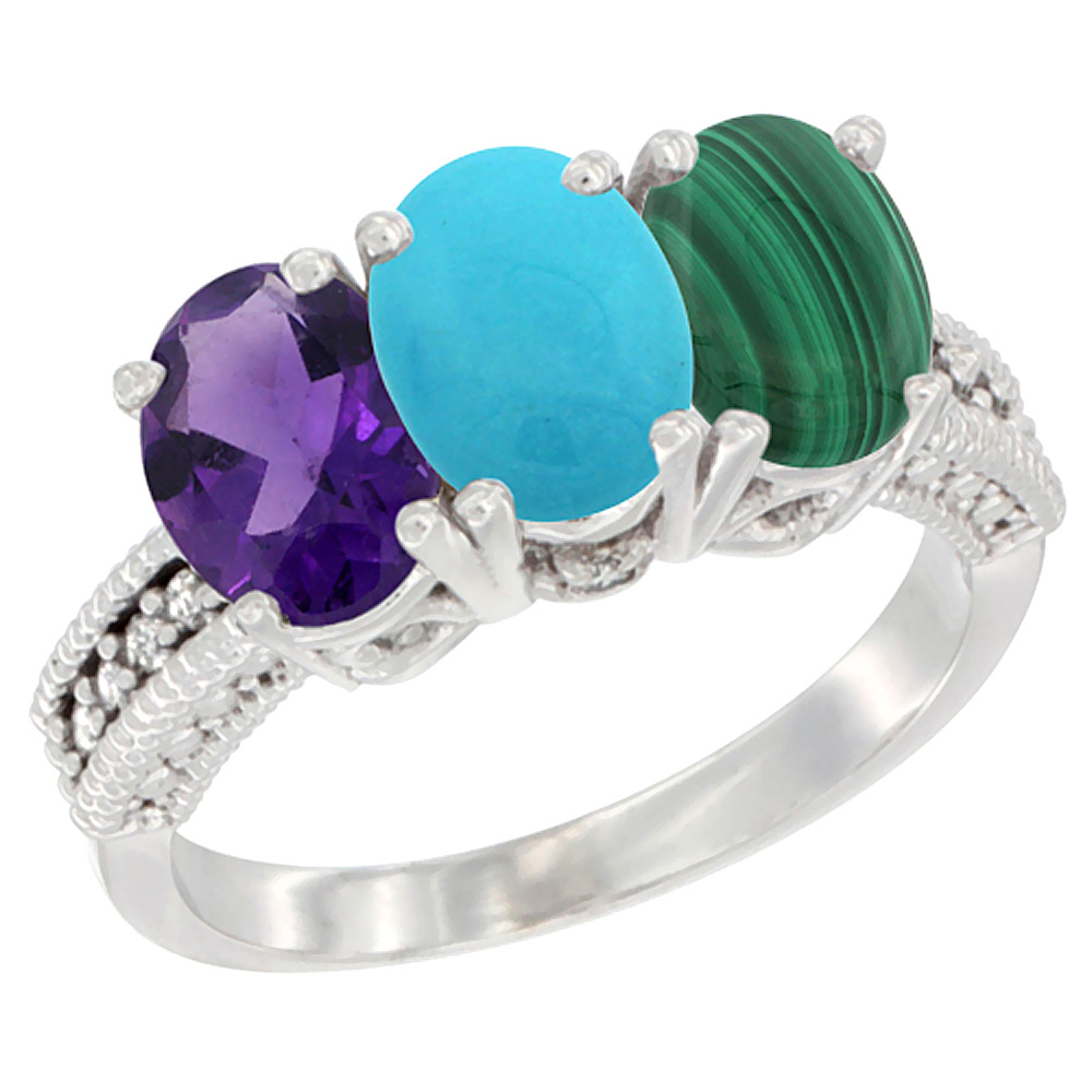 14K White Gold Natural Amethyst, Turquoise & Malachite Ring 3-Stone 7x5 mm Oval Diamond Accent, sizes 5 - 10