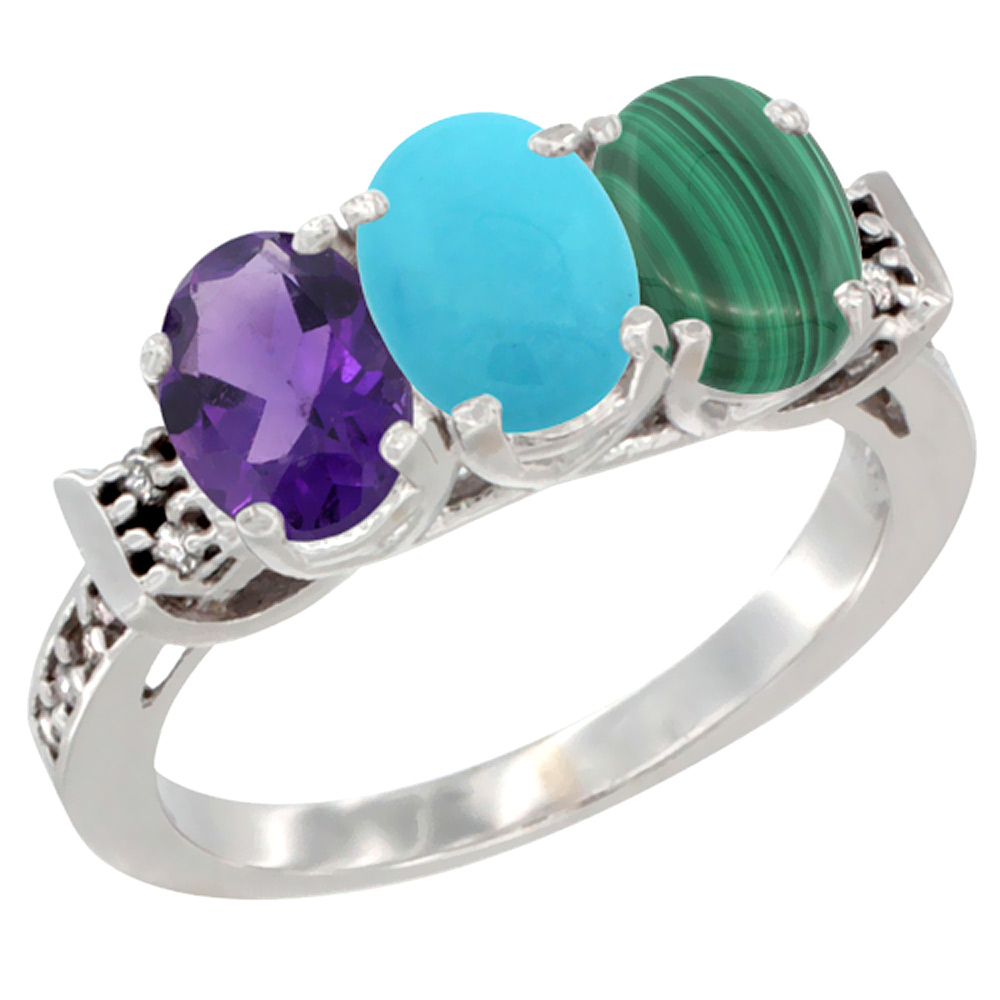 14K White Gold Natural Amethyst, Turquoise &amp; Malachite Ring 3-Stone 7x5 mm Oval Diamond Accent, sizes 5 - 10