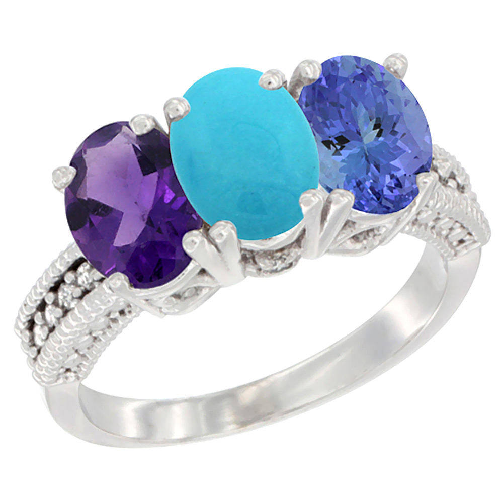 14K White Gold Natural Amethyst, Turquoise & Tanzanite Ring 3-Stone 7x5 mm Oval Diamond Accent, sizes 5 - 10