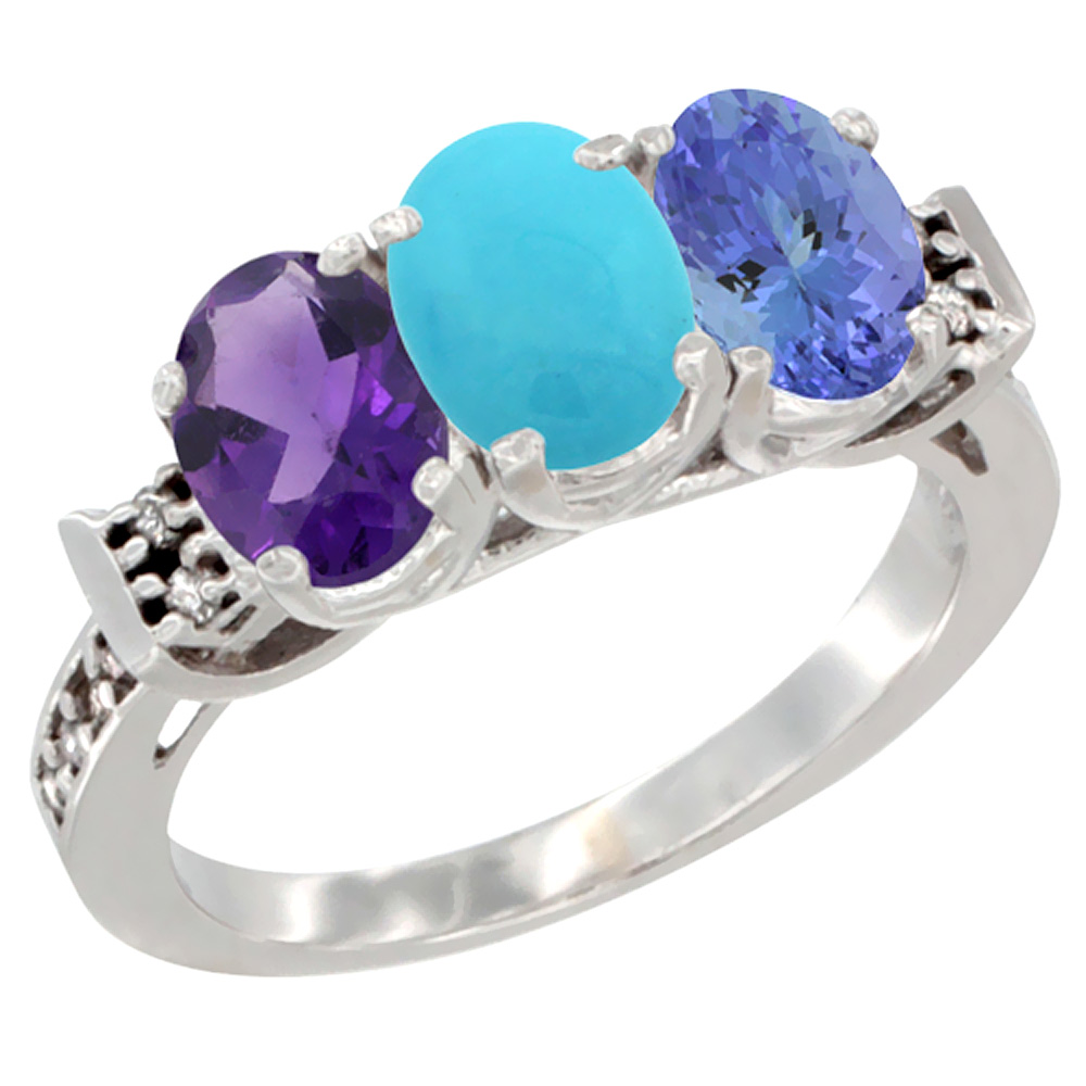 10K White Gold Natural Amethyst, Turquoise & Tanzanite Ring 3-Stone Oval 7x5 mm Diamond Accent, sizes 5 - 10
