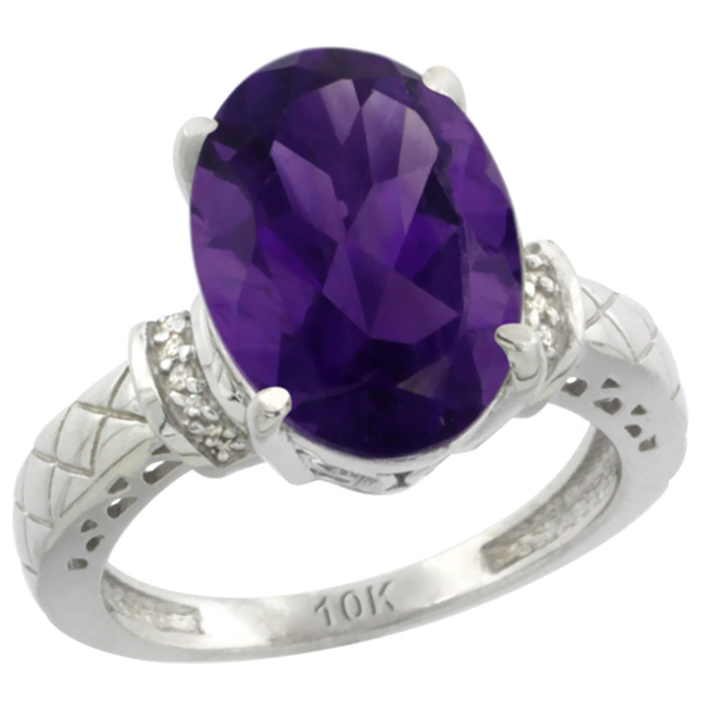 10K White Gold Diamond Genuine Amethyst Ring Oval 14x10mm sizes 5-10