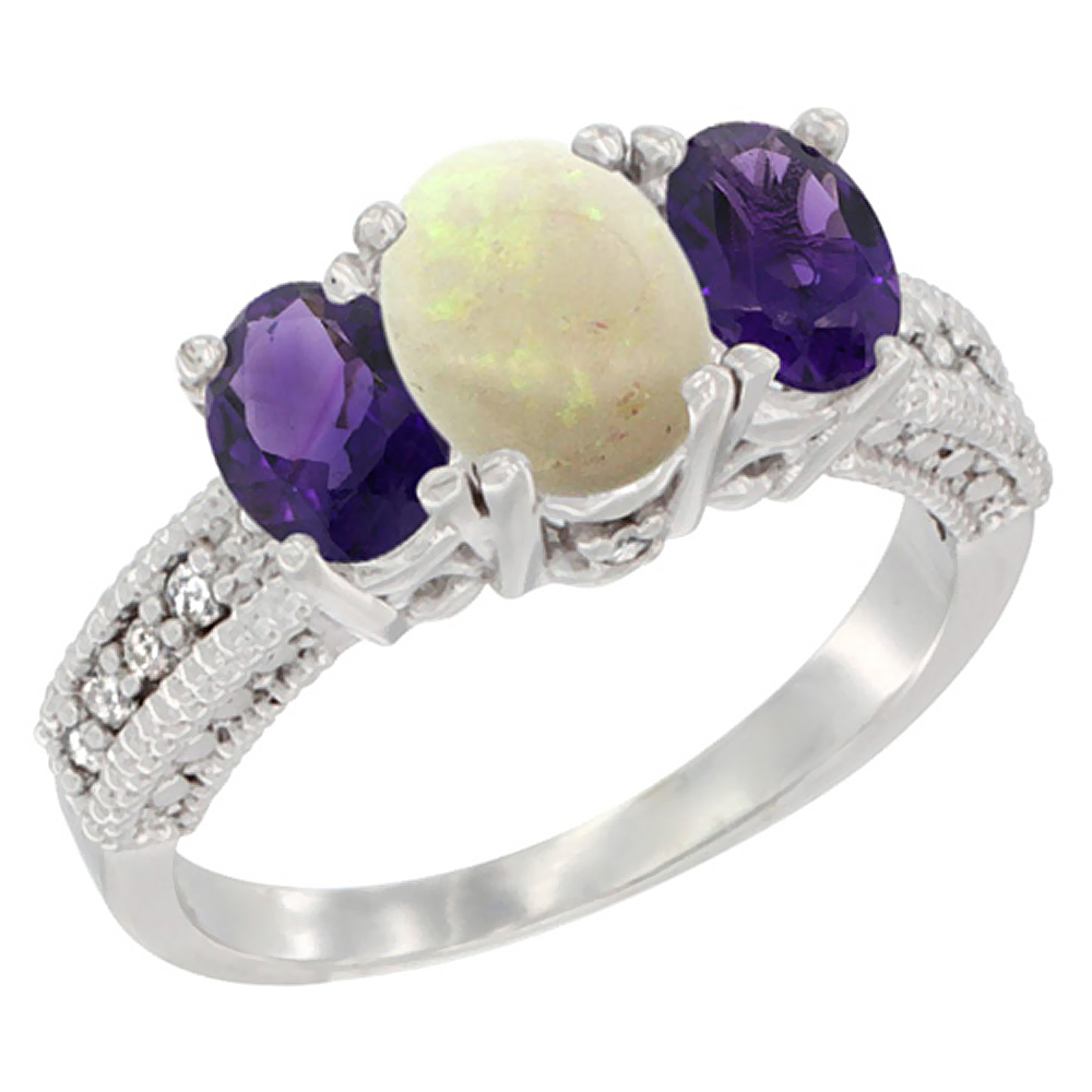 10K White Gold Diamond Natural Opal Ring Oval 3-stone with Amethyst, sizes 5 - 10