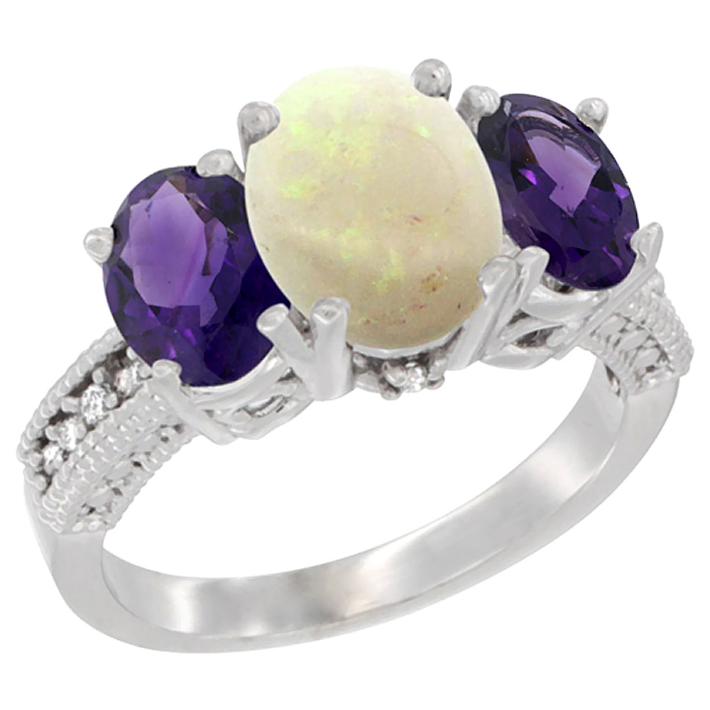 14K White Gold Diamond Natural Opal Ring 3-Stone Oval 8x6mm with Amethyst, sizes5-10