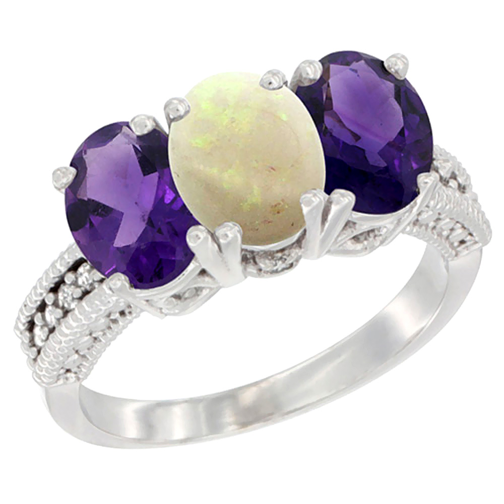 10K White Gold Natural Opal &amp; Amethyst Sides Ring 3-Stone Oval 7x5 mm Diamond Accent, sizes 5 - 10