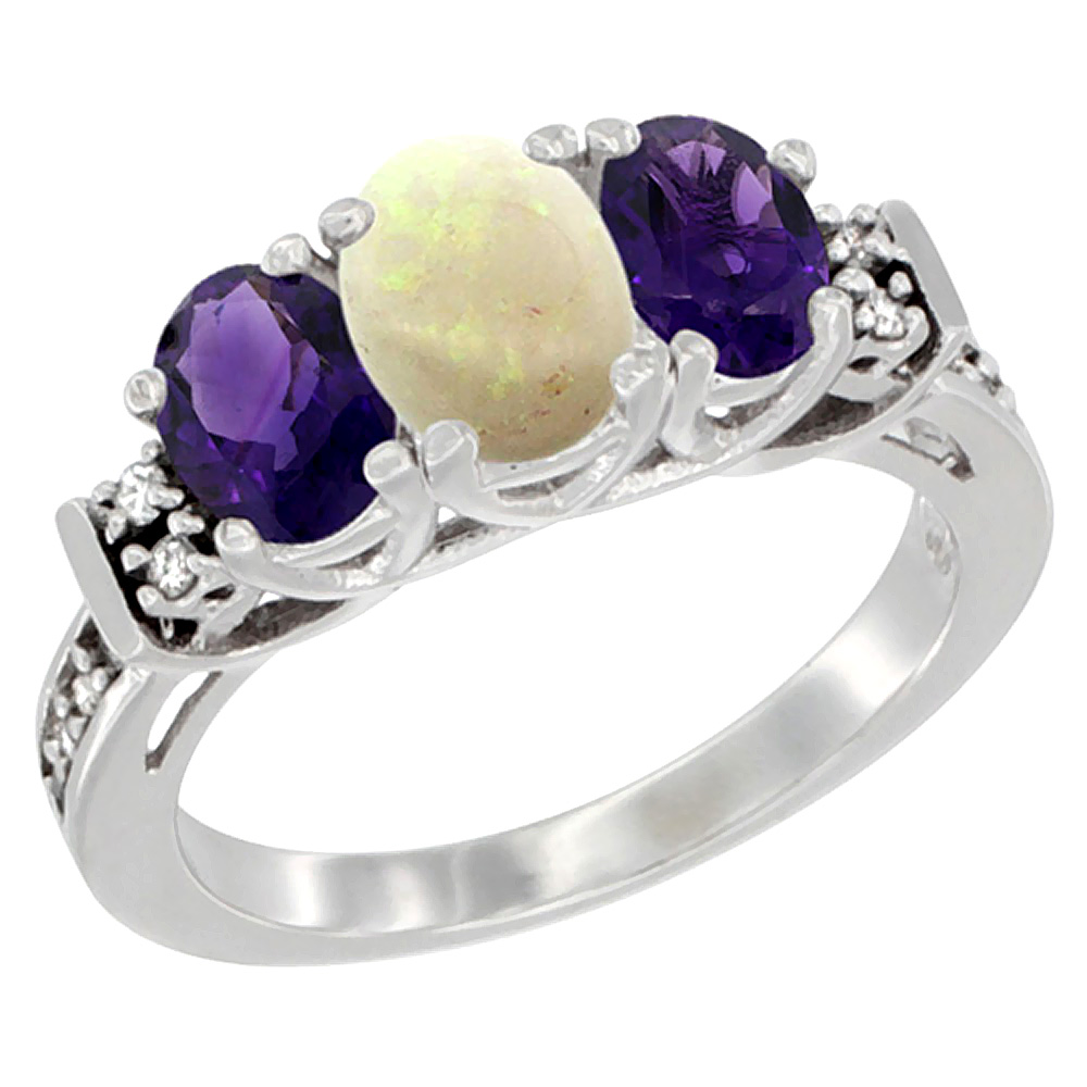 14K White Gold Natural Opal & Amethyst Ring 3-Stone Oval Diamond Accent, sizes 5-10