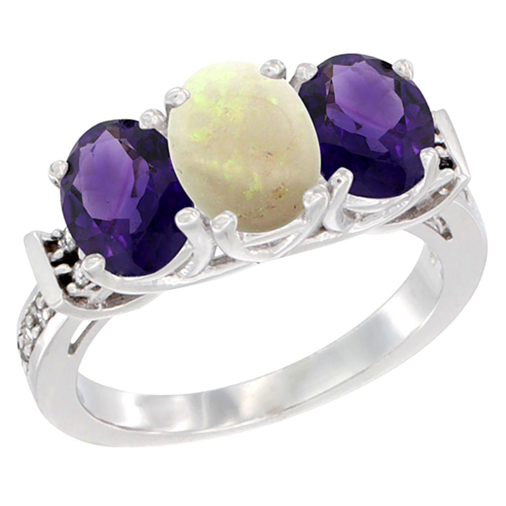 10K White Gold Natural Opal &amp; Amethyst Sides Ring 3-Stone Oval Diamond Accent, sizes 5 - 10