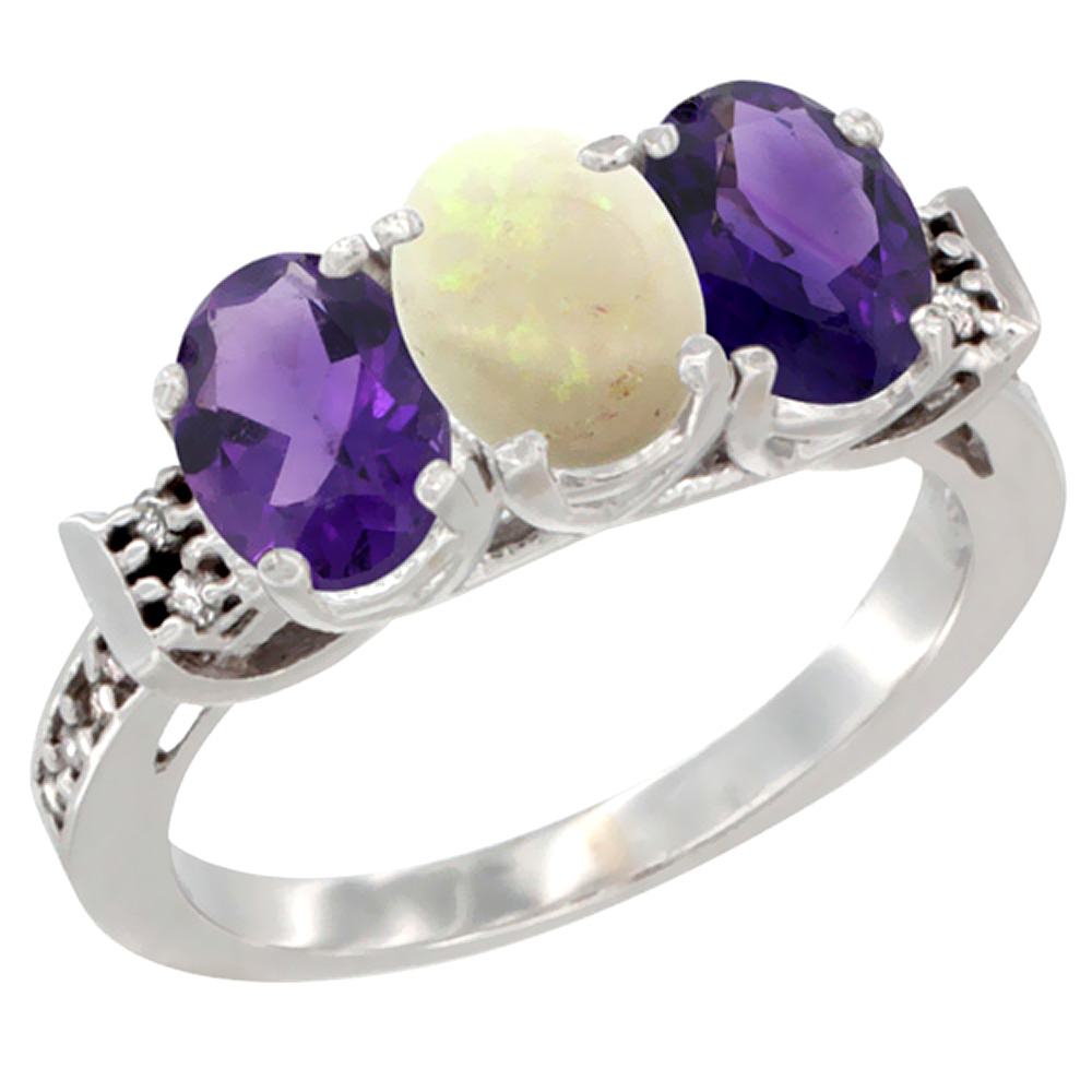 14K White Gold Natural Opal &amp; Amethyst Sides Ring 3-Stone 7x5 mm Oval Diamond Accent, sizes 5 - 10