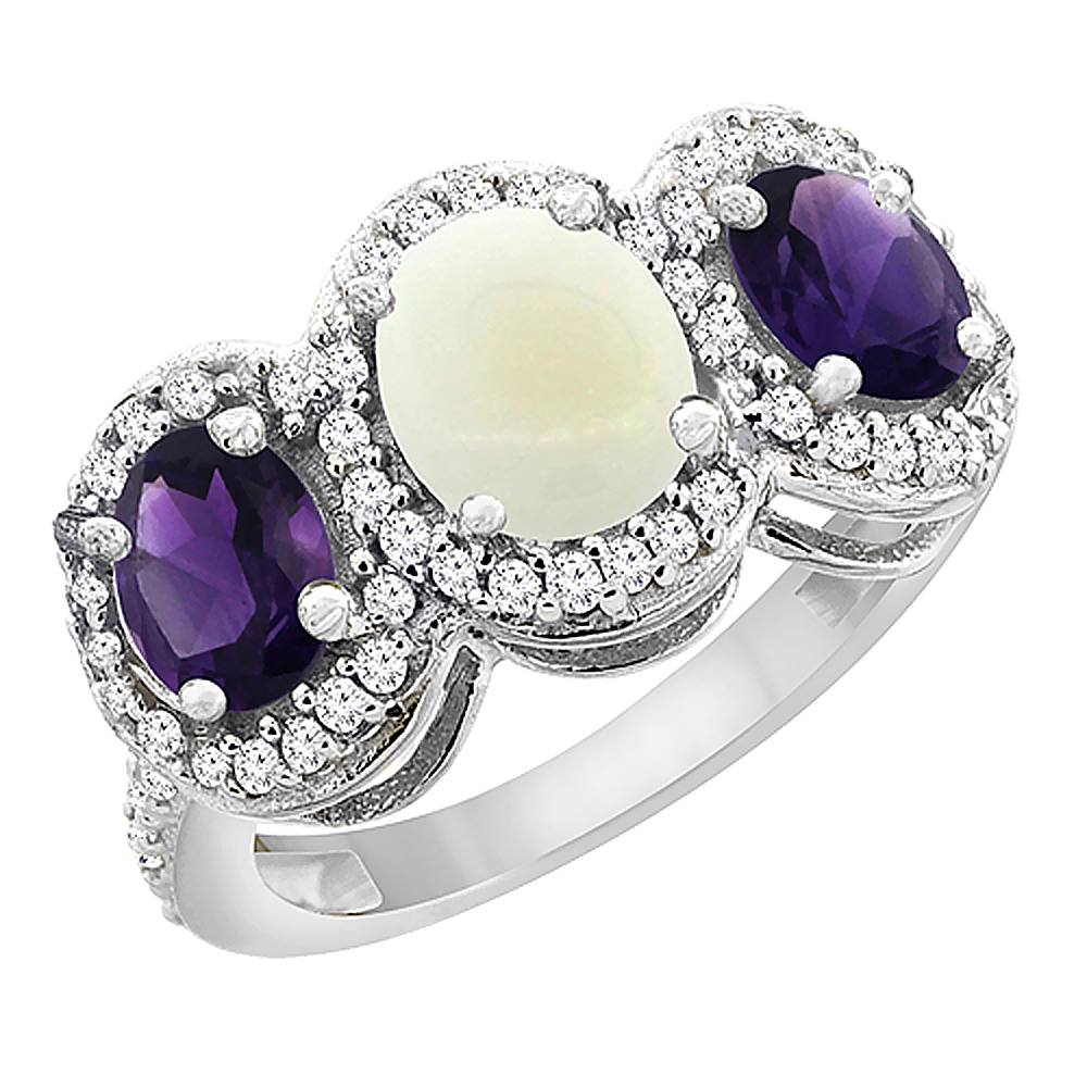 14K White Gold Natural Opal &amp; Amethyst 3-Stone Ring Oval Diamond Accent, sizes 5 - 10