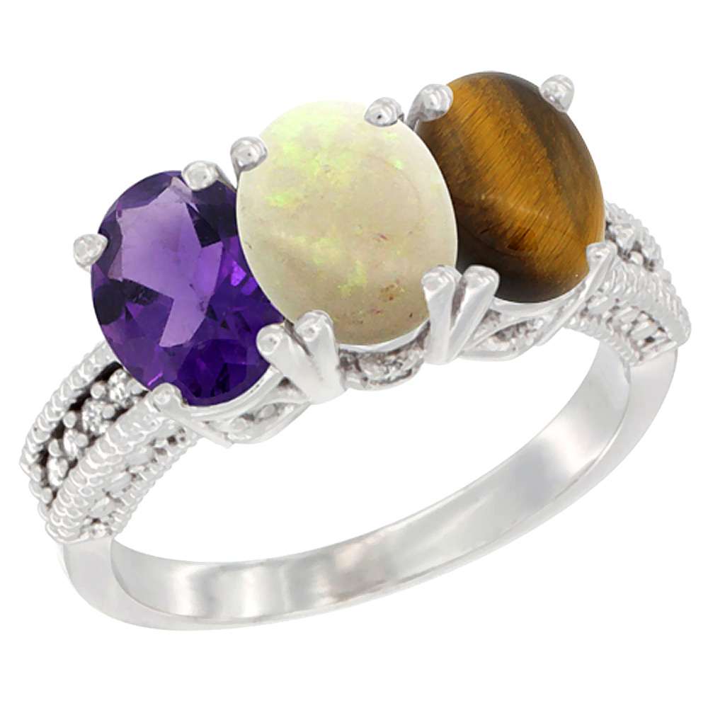 10K White Gold Natural Amethyst, Opal &amp; Tiger Eye Ring 3-Stone Oval 7x5 mm Diamond Accent, sizes 5 - 10