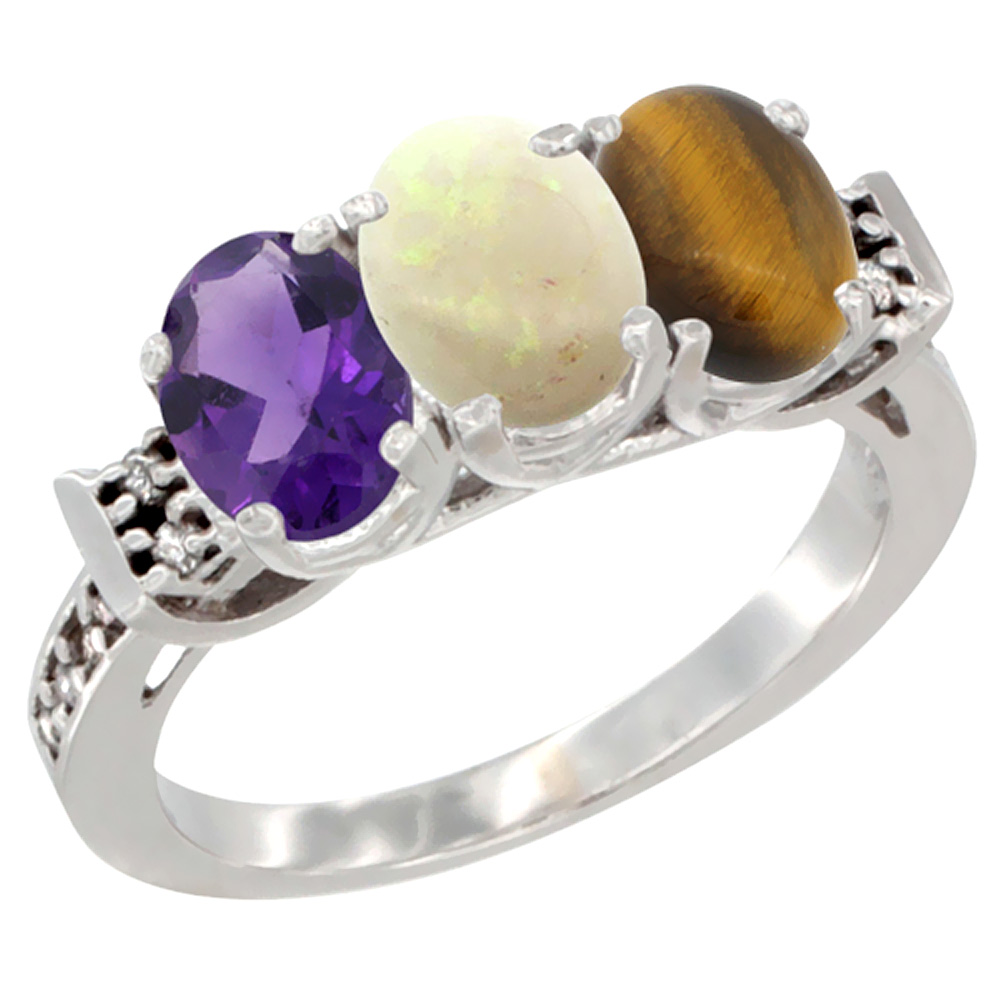 14K White Gold Natural Amethyst, Opal & Tiger Eye Ring 3-Stone 7x5 mm Oval Diamond Accent, sizes 5 - 10