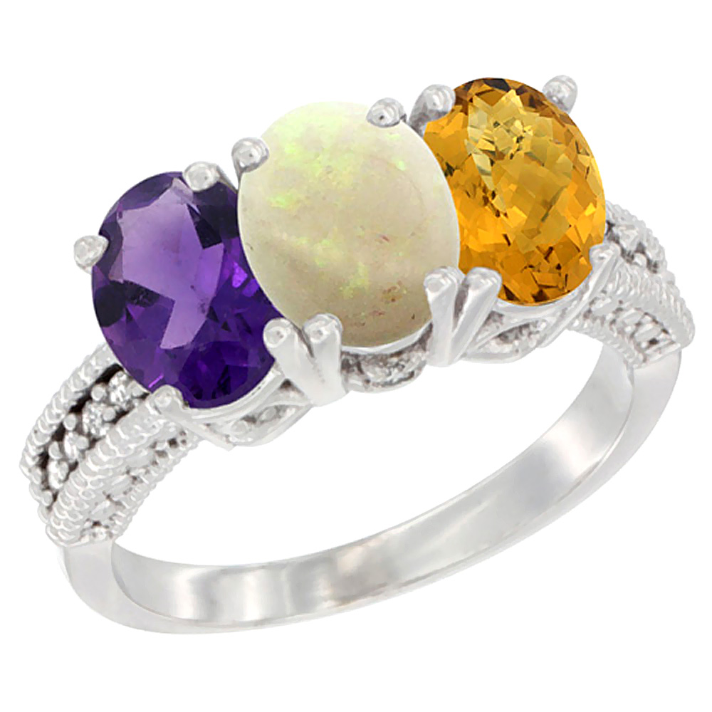 10K White Gold Natural Amethyst, Opal &amp; Whisky Quartz Ring 3-Stone Oval 7x5 mm Diamond Accent, sizes 5 - 10