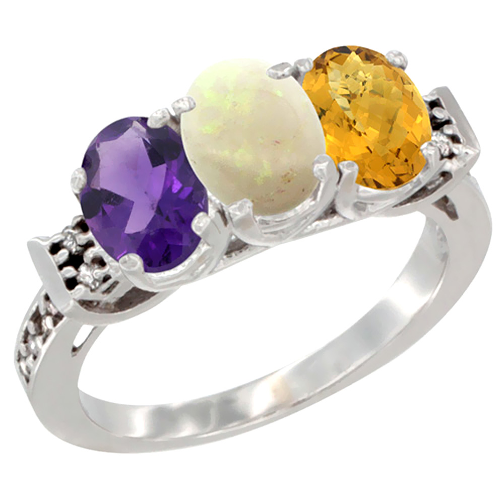 10K White Gold Natural Amethyst, Opal &amp; Whisky Quartz Ring 3-Stone Oval 7x5 mm Diamond Accent, sizes 5 - 10