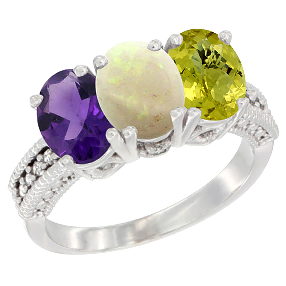 10K White Gold Natural Amethyst, Opal &amp; Lemon Quartz Ring 3-Stone Oval 7x5 mm Diamond Accent, sizes 5 - 10