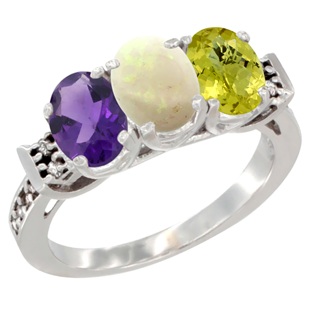 14K White Gold Natural Amethyst, Opal & Lemon Quartz Ring 3-Stone 7x5 mm Oval Diamond Accent, sizes 5 - 10