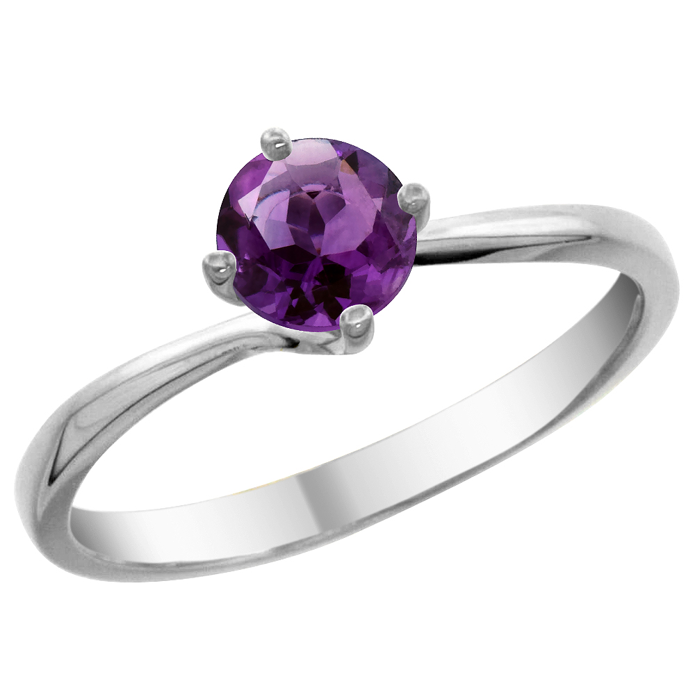 14K White Gold Natural Amethyst Solitaire Ring Round 6mm, sizes 5 - 10