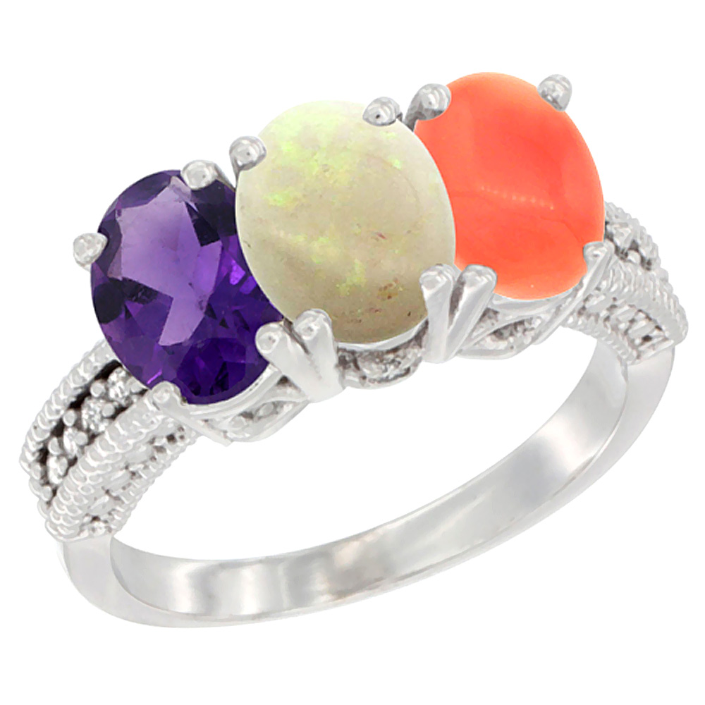 10K White Gold Natural Amethyst, Opal & Coral Ring 3-Stone Oval 7x5 mm Diamond Accent, sizes 5 - 10