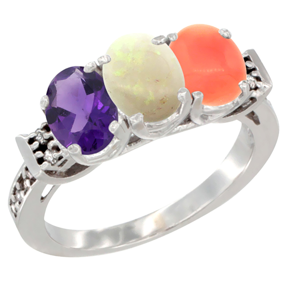 10K White Gold Natural Amethyst, Opal &amp; Coral Ring 3-Stone Oval 7x5 mm Diamond Accent, sizes 5 - 10