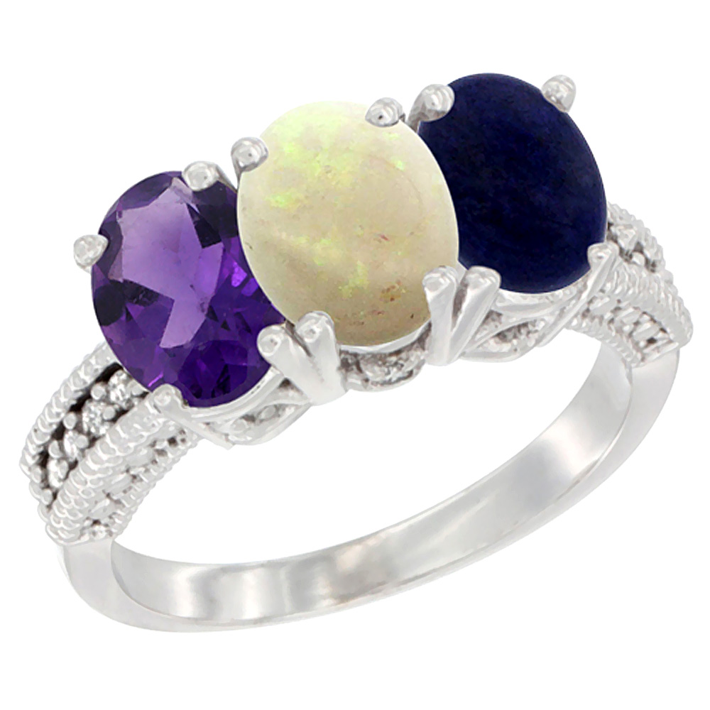 10K White Gold Natural Amethyst, Opal &amp; Lapis Ring 3-Stone Oval 7x5 mm Diamond Accent, sizes 5 - 10