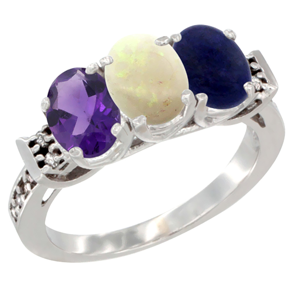 10K White Gold Natural Amethyst, Opal &amp; Lapis Ring 3-Stone Oval 7x5 mm Diamond Accent, sizes 5 - 10