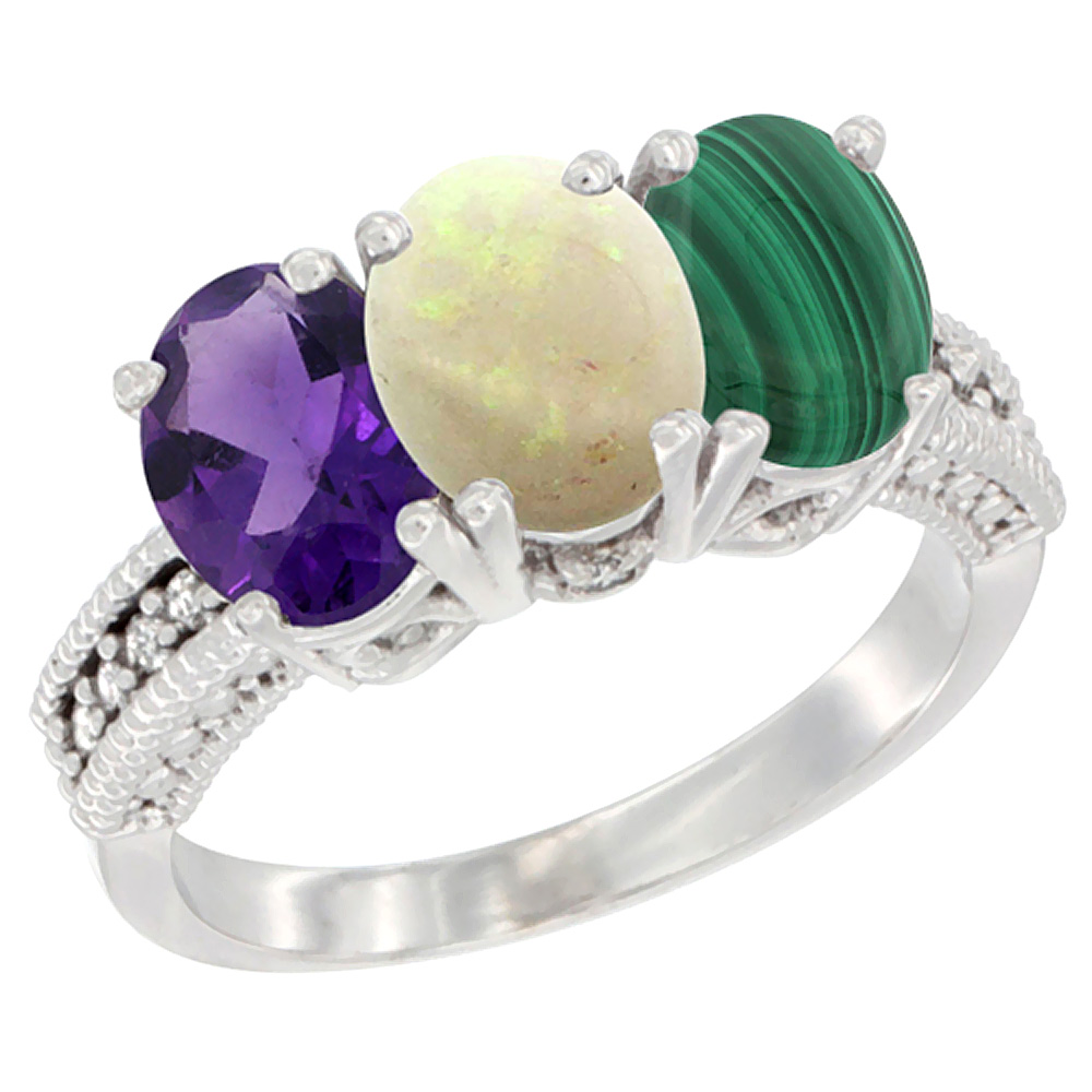 14K White Gold Natural Amethyst, Opal &amp; Malachite Ring 3-Stone 7x5 mm Oval Diamond Accent, sizes 5 - 10