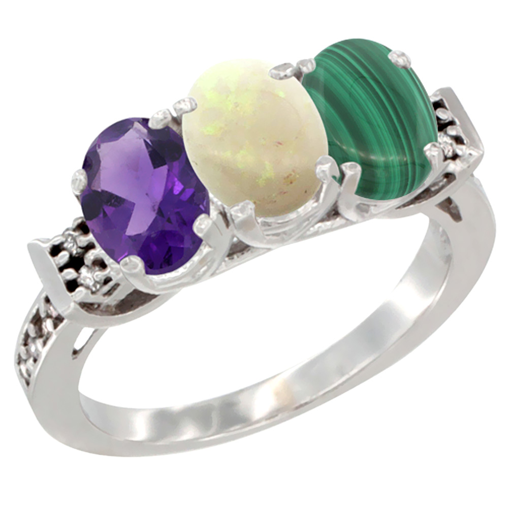 10K White Gold Natural Amethyst, Opal & Malachite Ring 3-Stone Oval 7x5 mm Diamond Accent, sizes 5 - 10