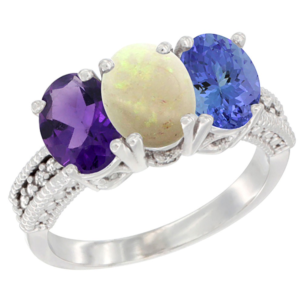 14K White Gold Natural Amethyst, Opal & Tanzanite Ring 3-Stone 7x5 mm Oval Diamond Accent, sizes 5 - 10